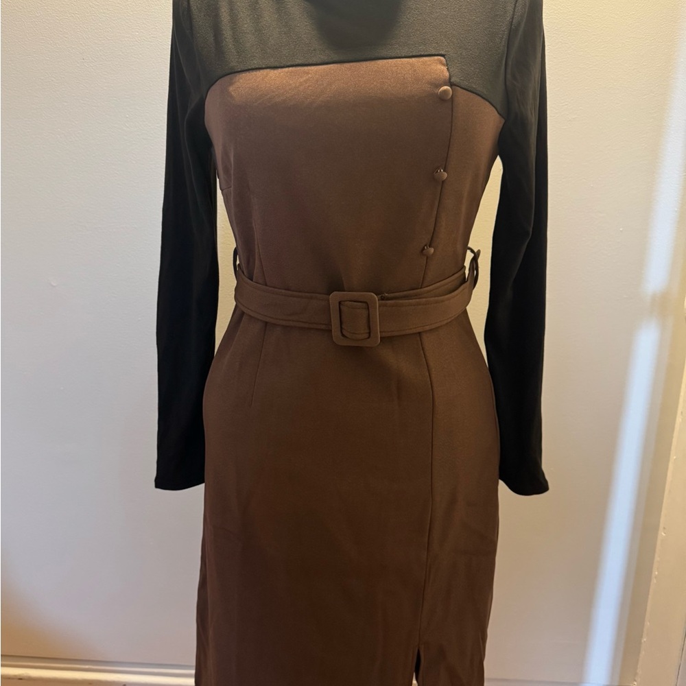 Elegant Brown and Black Belted Dress